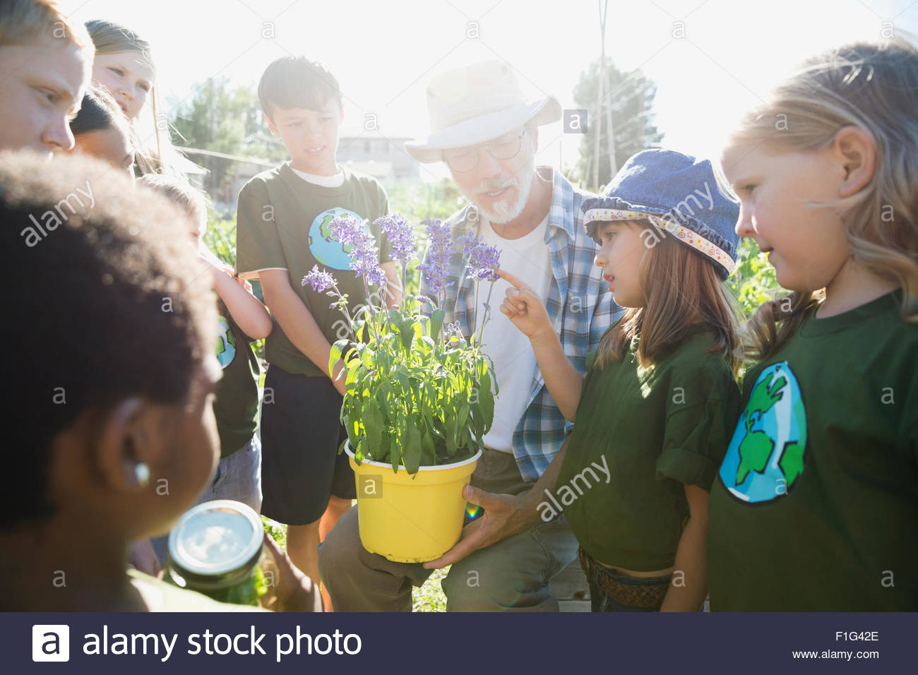 Garden expert showing potted flower to kids Stock Photo