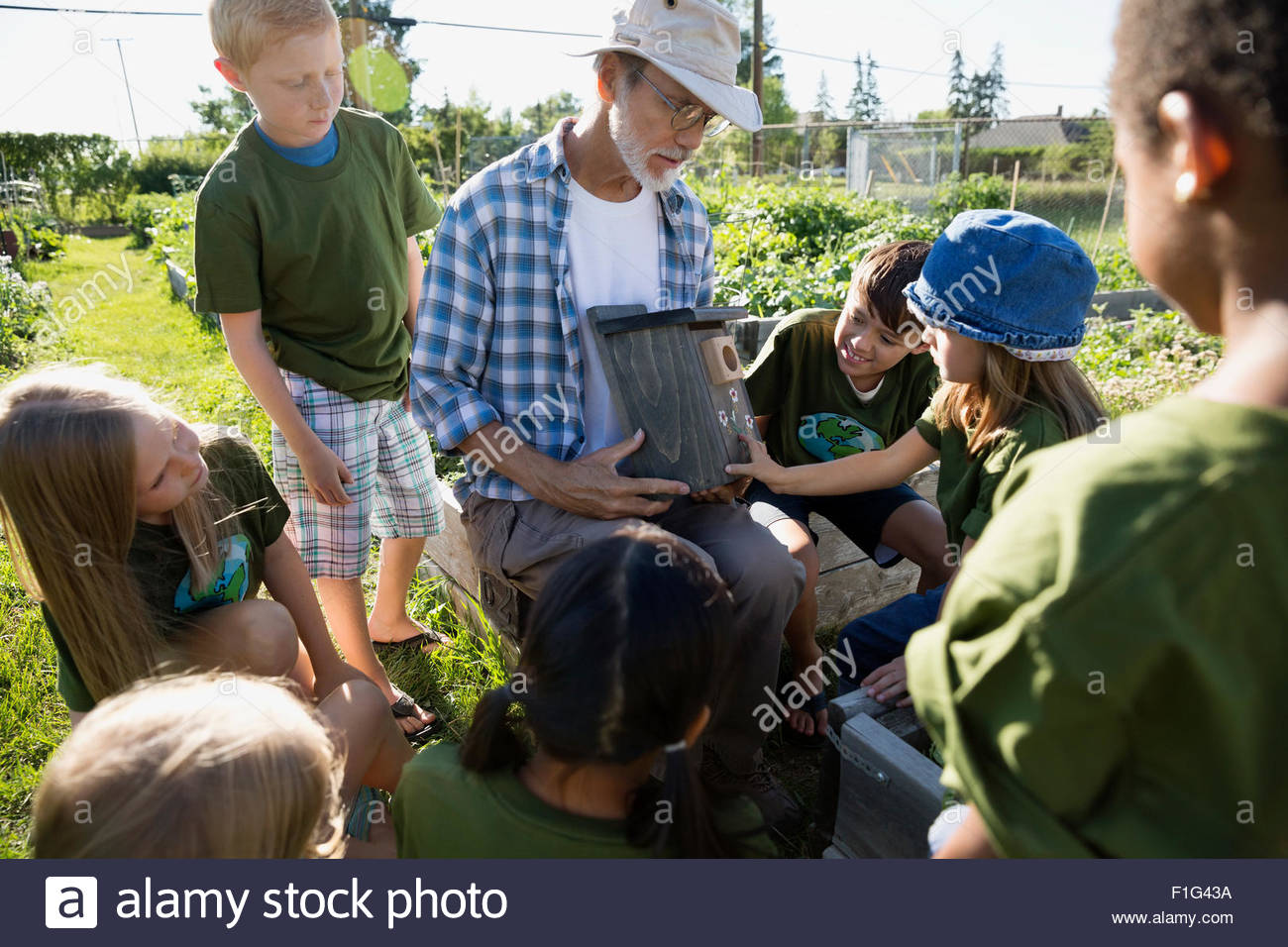 Expert gardener showing kids birdhouse in sunny garden Stock Photo