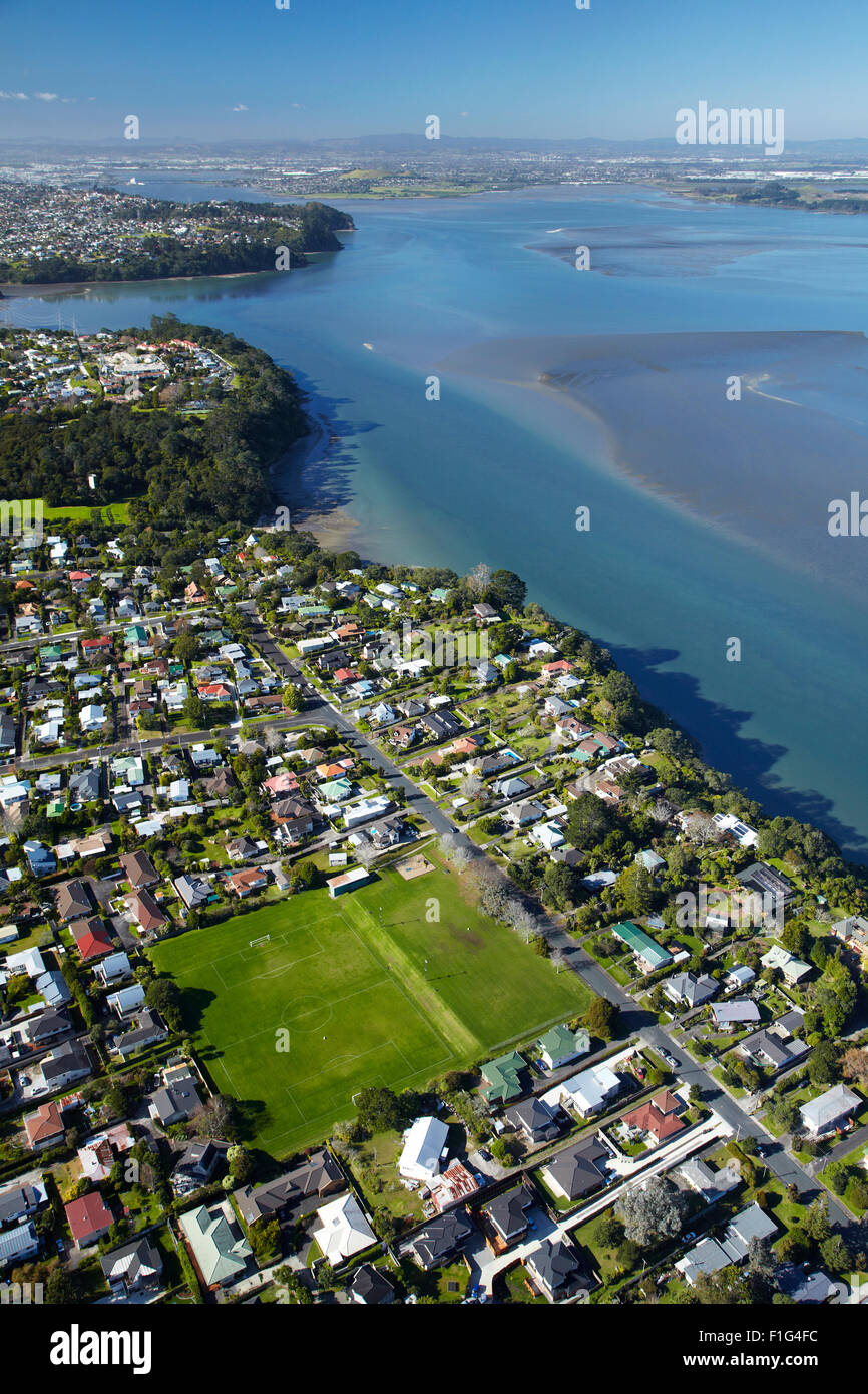 Green Bay Domain, Green Bay, and Manukau Harbour, Auckland, North Island, New Zealand - aerial Stock Photo
