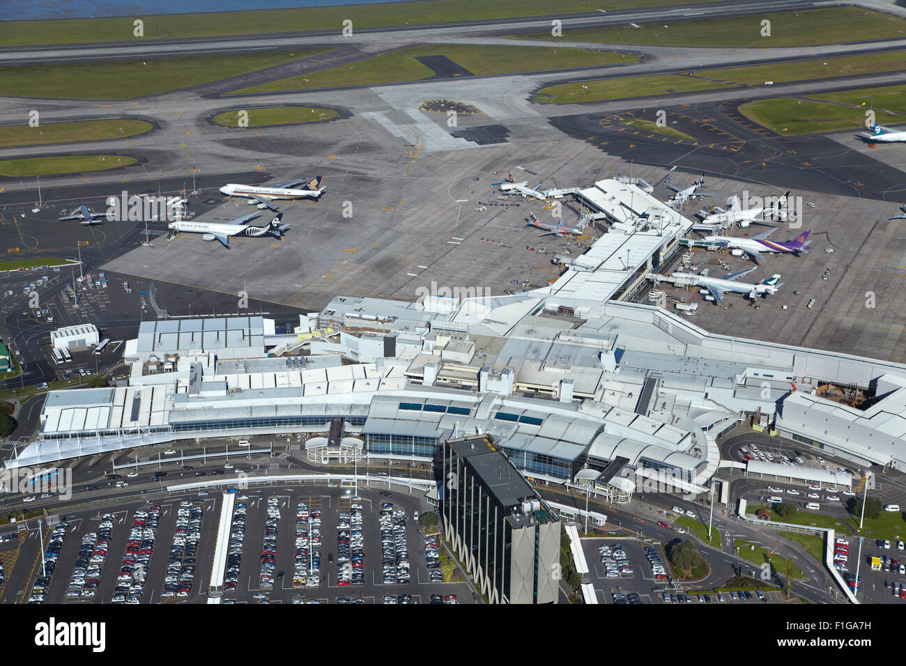 Auckland Airport International Terminal, North Island, New Zealand - aerial Stock Photo