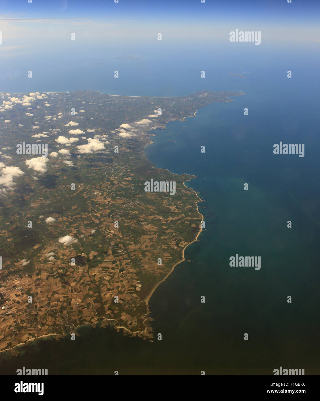 Cherbourg, and the northern tip of the Cherbourg Peninsula from 35,000ft, Normandy, France. Stock Photo