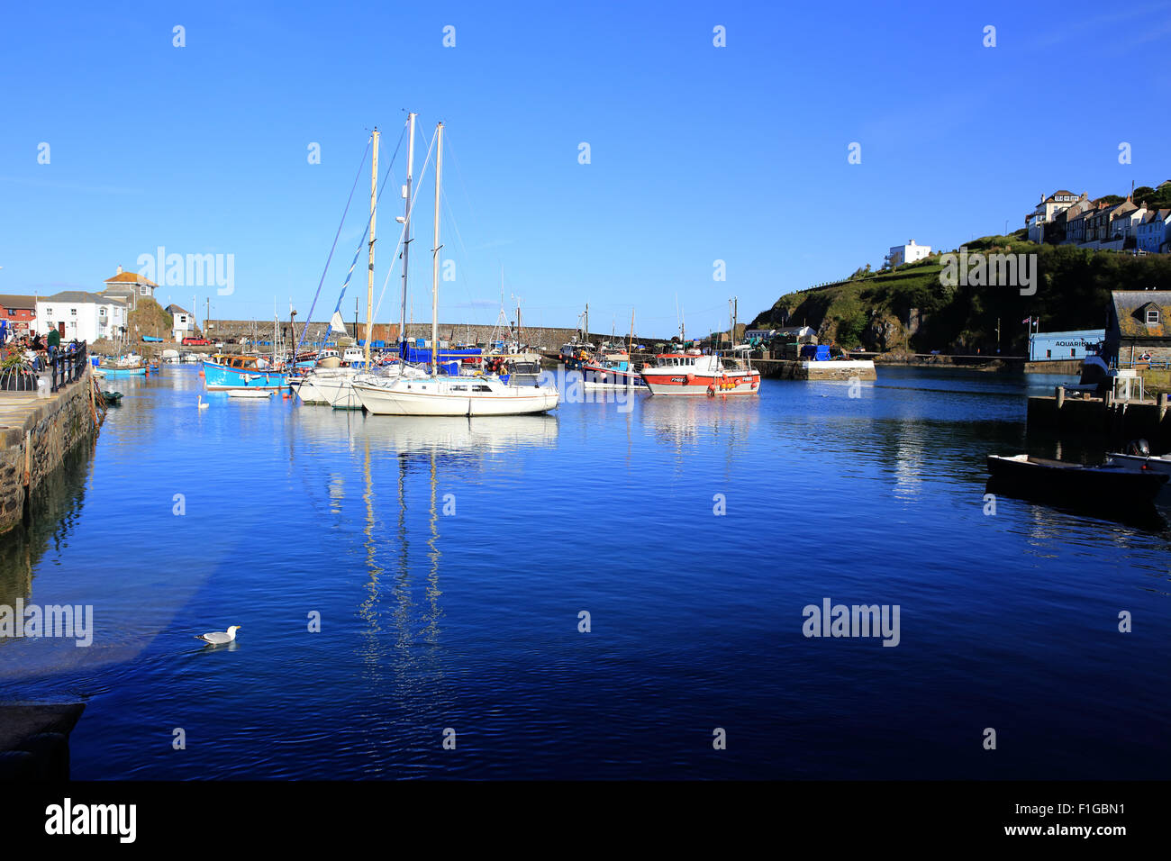 Fishing boats and yachts on a fine Spring day in the Inner Harbour of Mevagissey, Cornwall, England, UK. Stock Photo