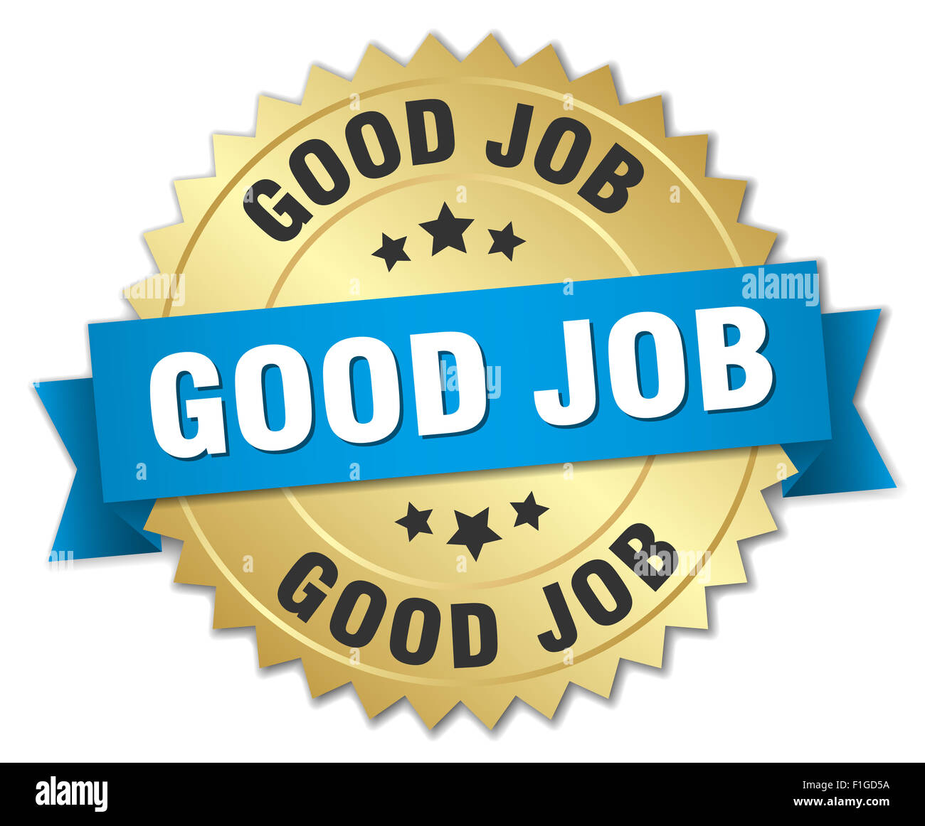 good job 3d gold badge with blue ribbon Stock Photo - Alamy