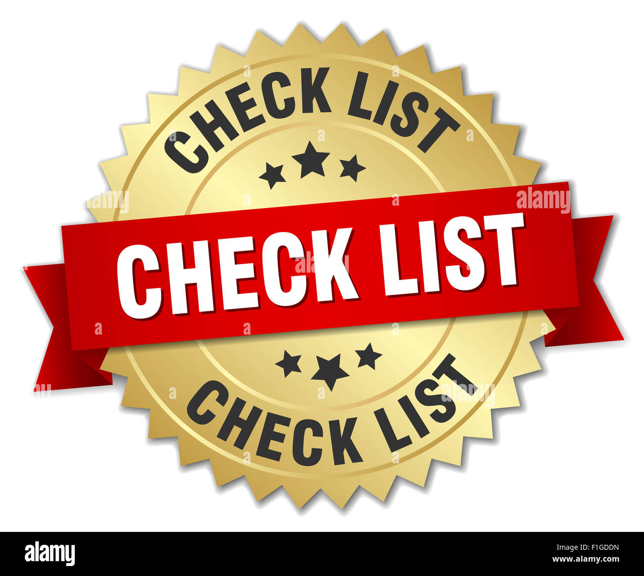 check list 3d gold badge with red ribbon Stock Photo - Alamy
