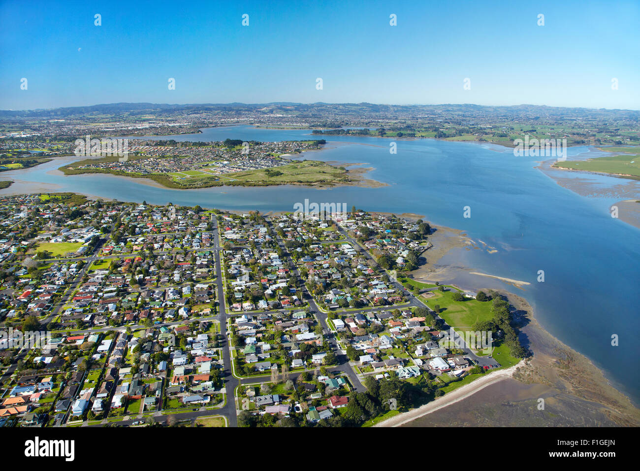 Weymouth, and Manukau Harbour, Auckland, North Island, New Zealand - aerial Stock Photo