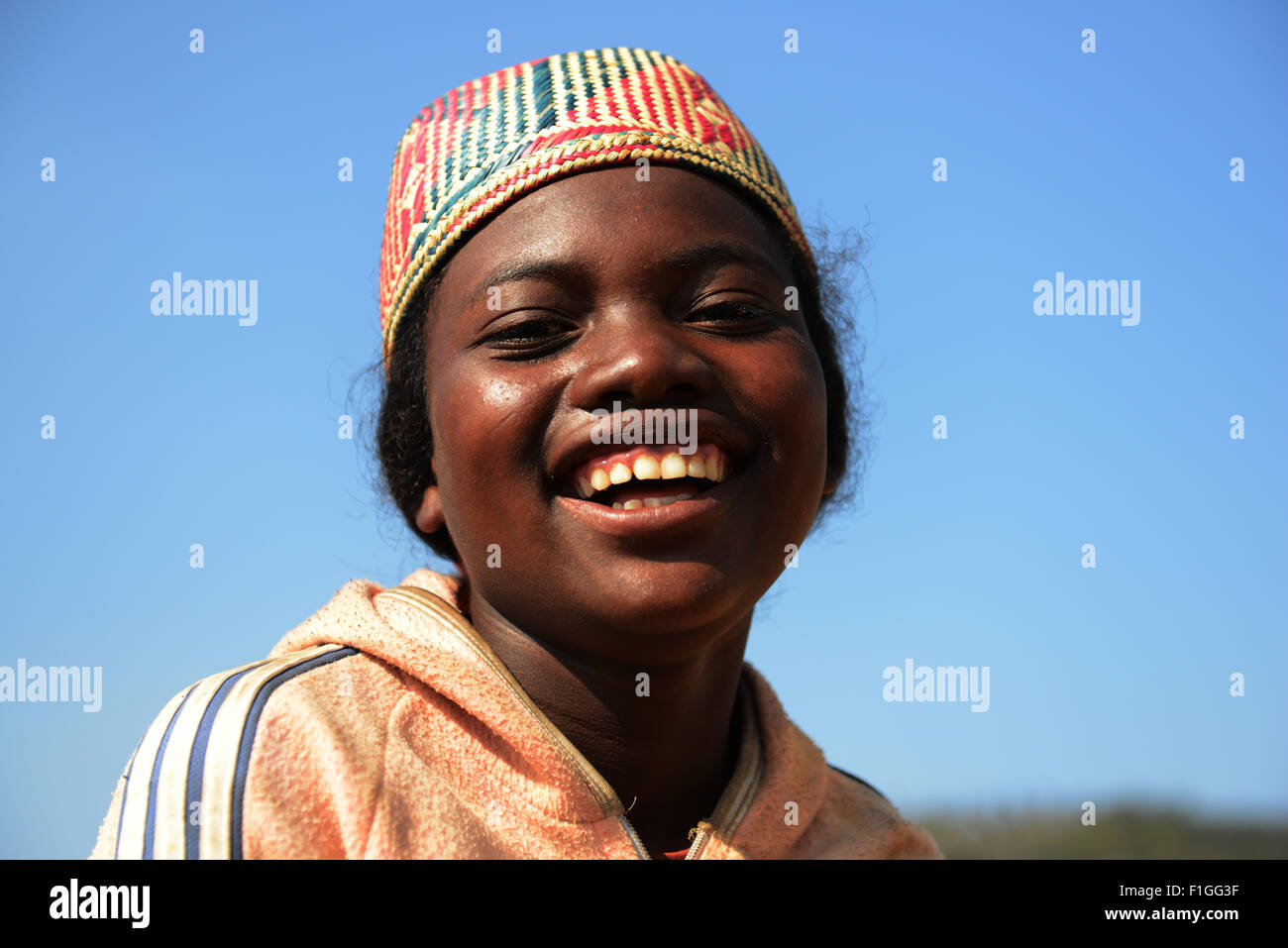 A betsileo woman wearing a traditional betsileo hat. Stock Photo