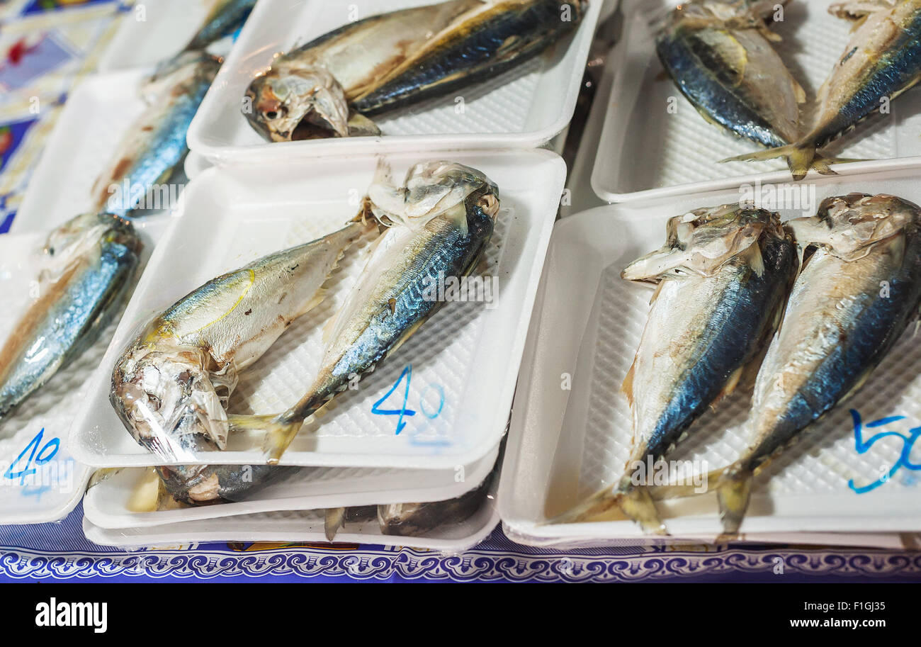 Mackerel steam on a white foam in county side market, Selective focus Stock Photo