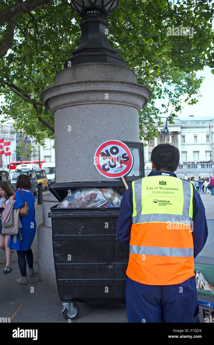 'No cuts'. Discarded placards after an anti-austerity demonstration in Trafalgar Square London Stock Photo