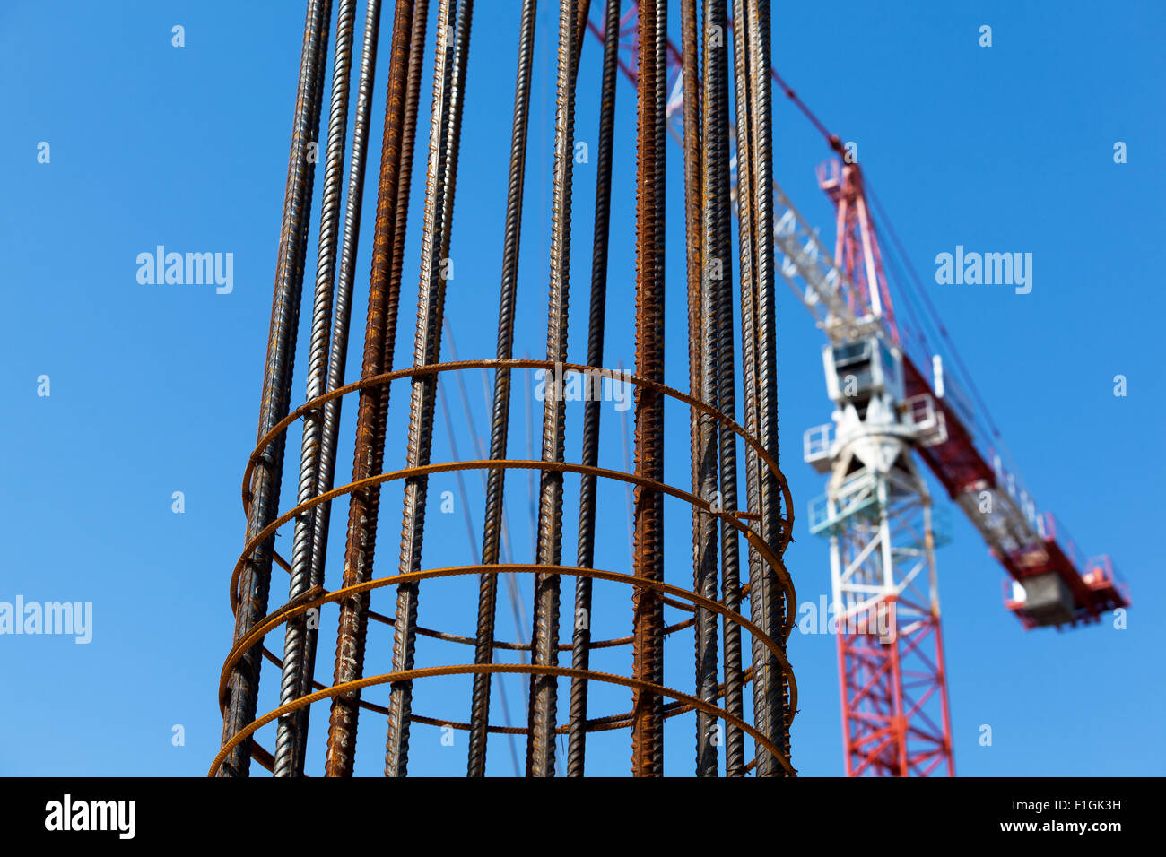 Steel reinforcement. Building crane. Stock Photo