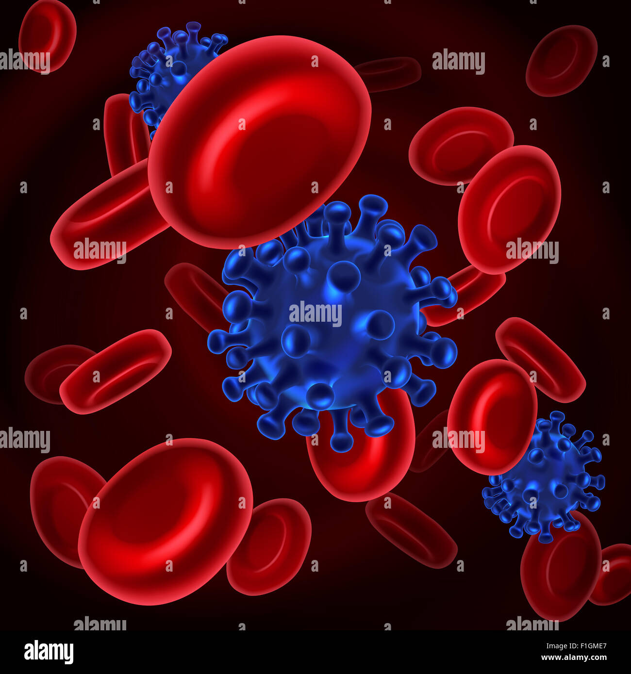 A medical illustration, a microscopic view of  a disease virus cell or bacteria germ and red human blood cells Stock Photo
