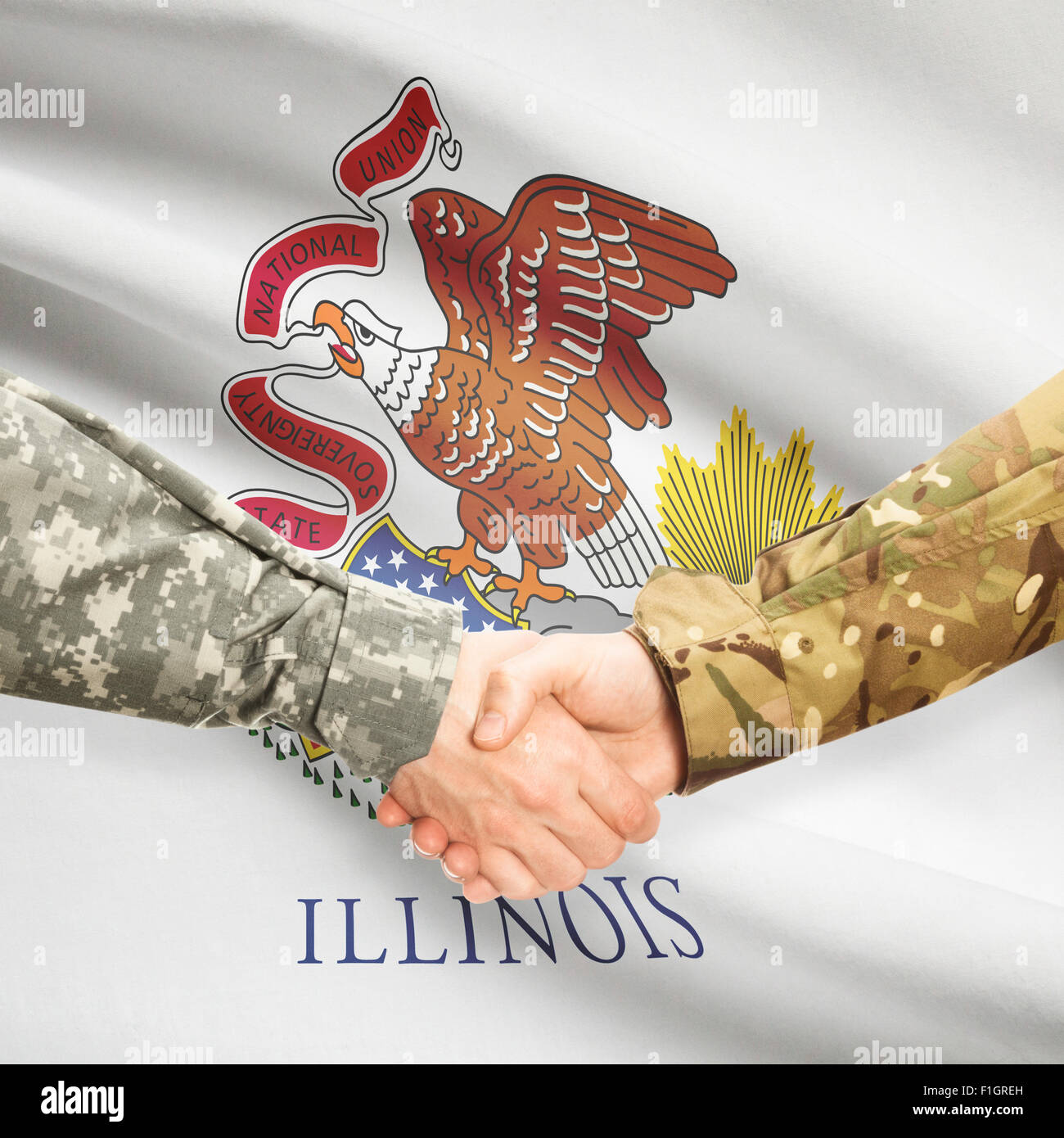 Soldiers handshake and US state flag Illinois Stock Photo Alamy
