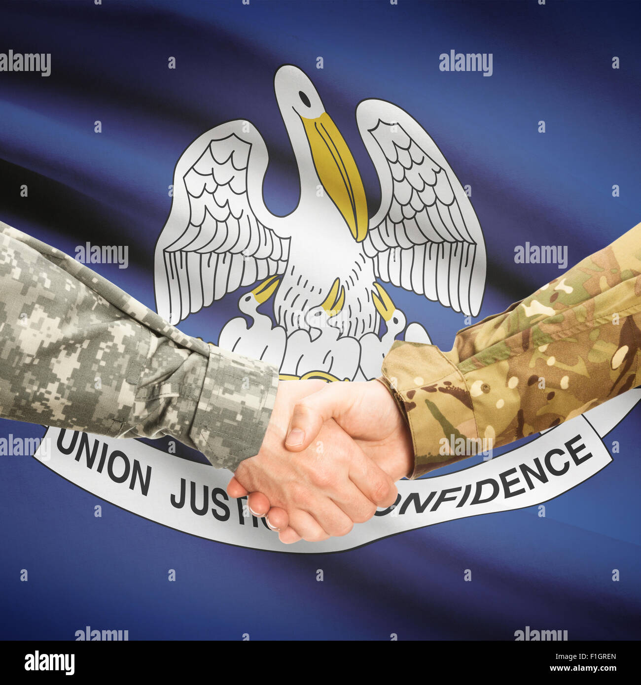 Soldiers handshake and US state flag Louisiana Stock Photo Alamy