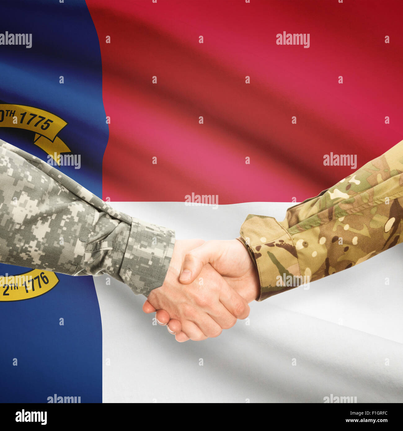 Soldiers handshake and US state flag North Carolina Stock Photo Alamy