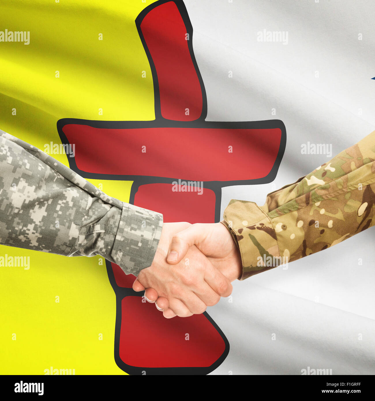 Soldiers handshake and Canadian province flag Nunavut Stock Photo Alamy