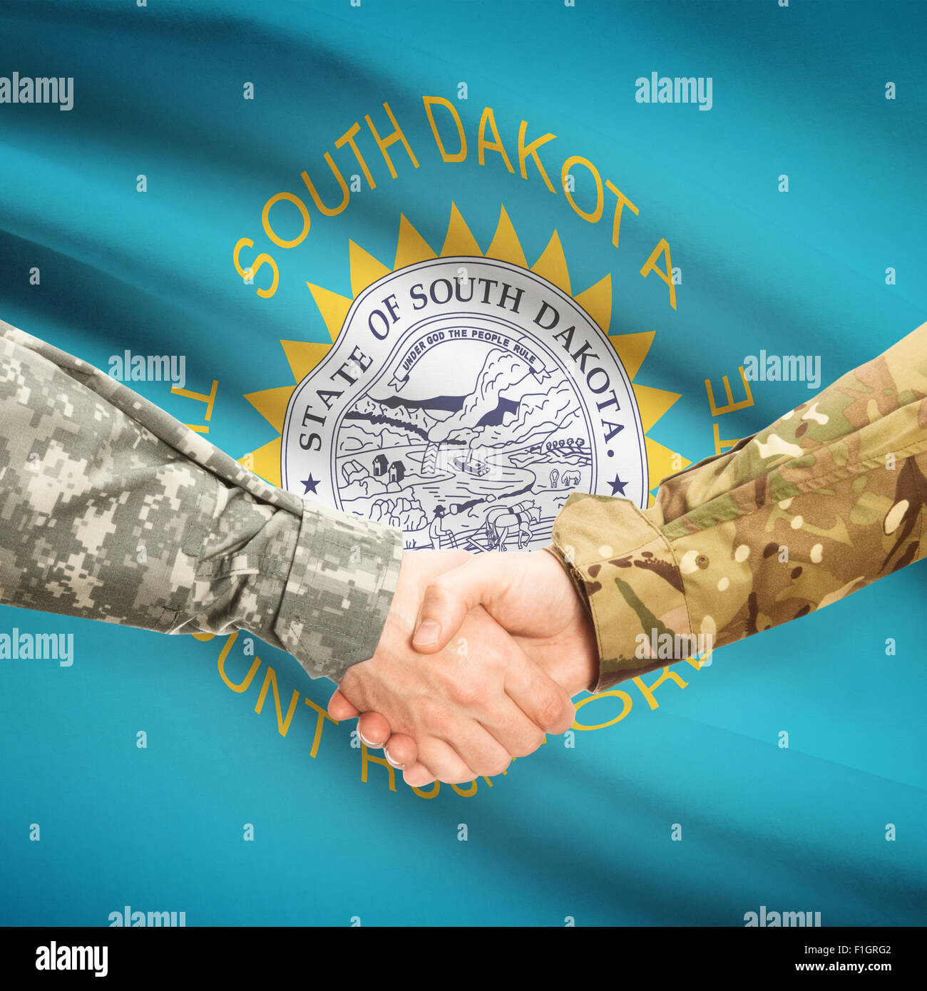 Soldiers handshake and US state flag - South Dakota Stock Photo