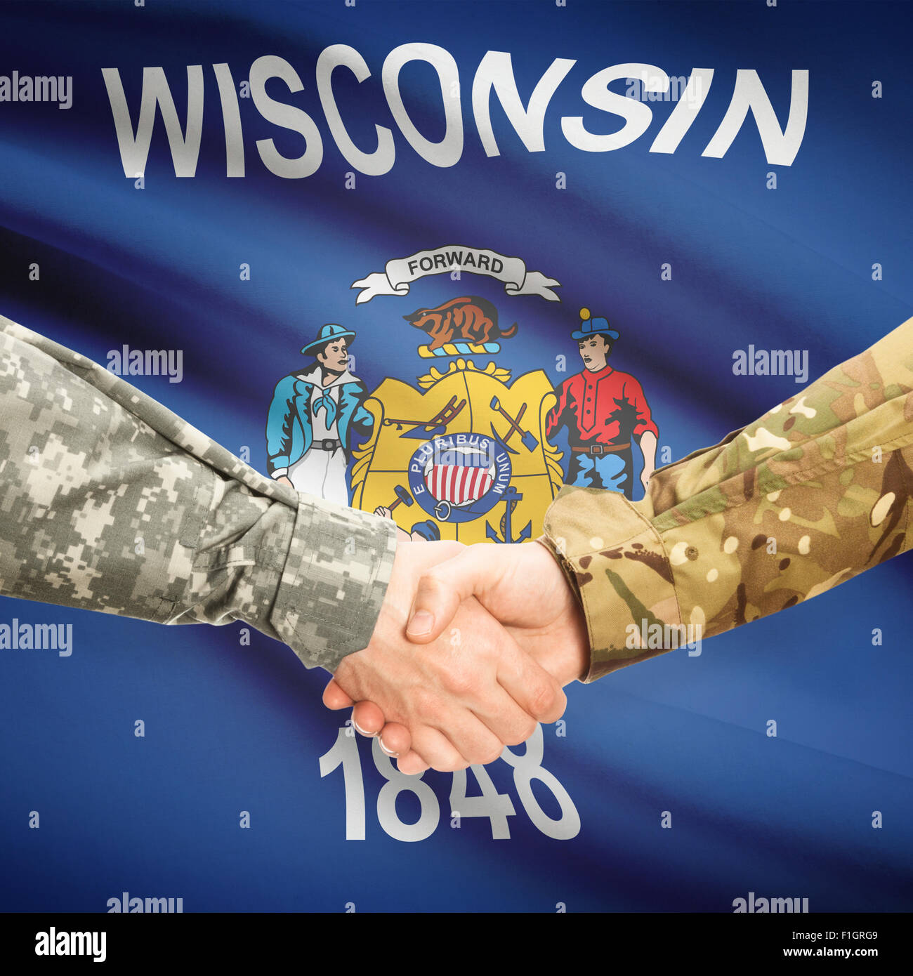 Soldiers handshake and US state flag Wisconsin Stock Photo Alamy
