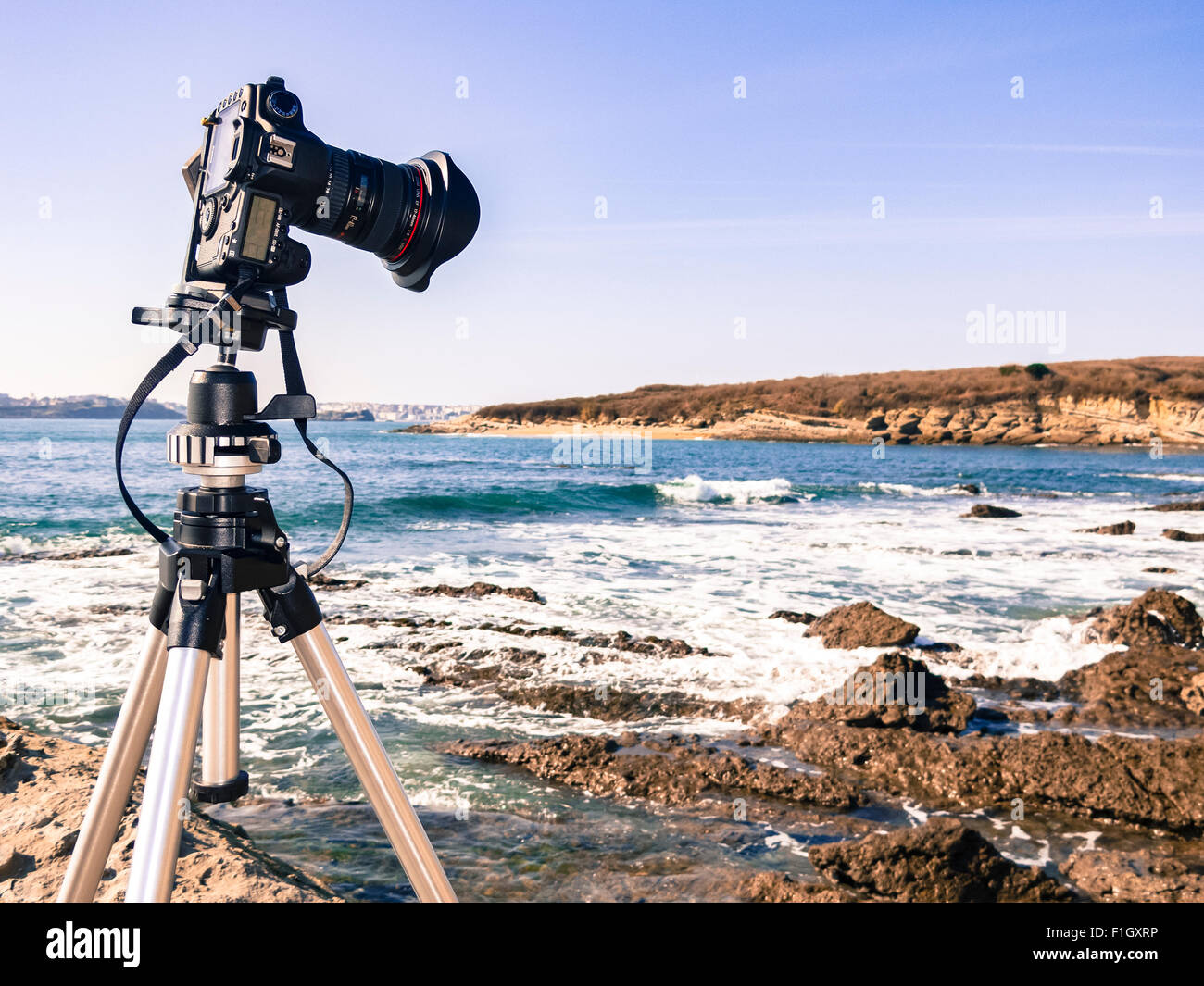 Camera set on a tripod ready to Landscape Photography Stock Photo Alamy