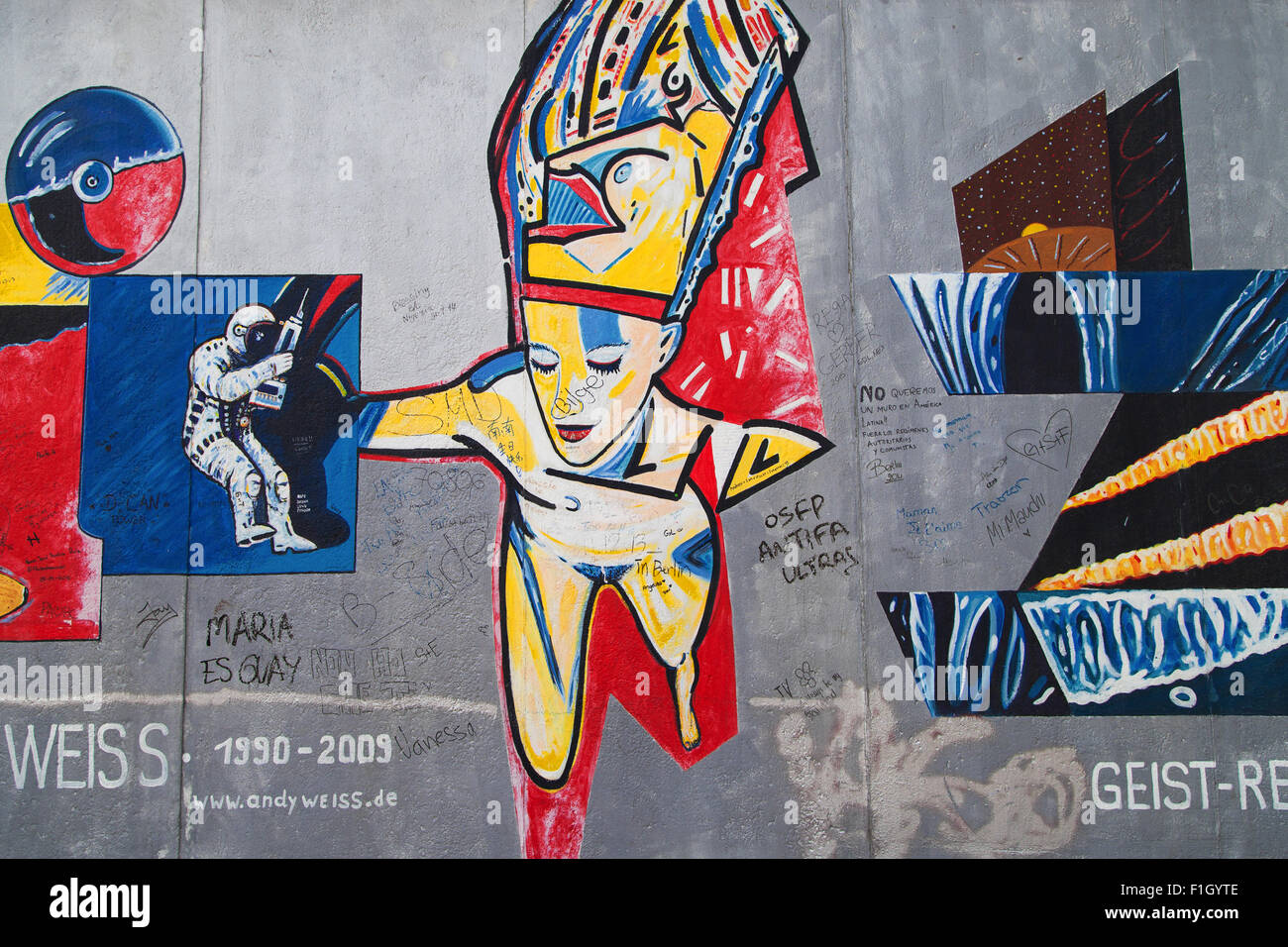 Mural 'Geist Reise' by Andy Weiss on the East Side Gallery, Berlin, Germany. Stock Photo