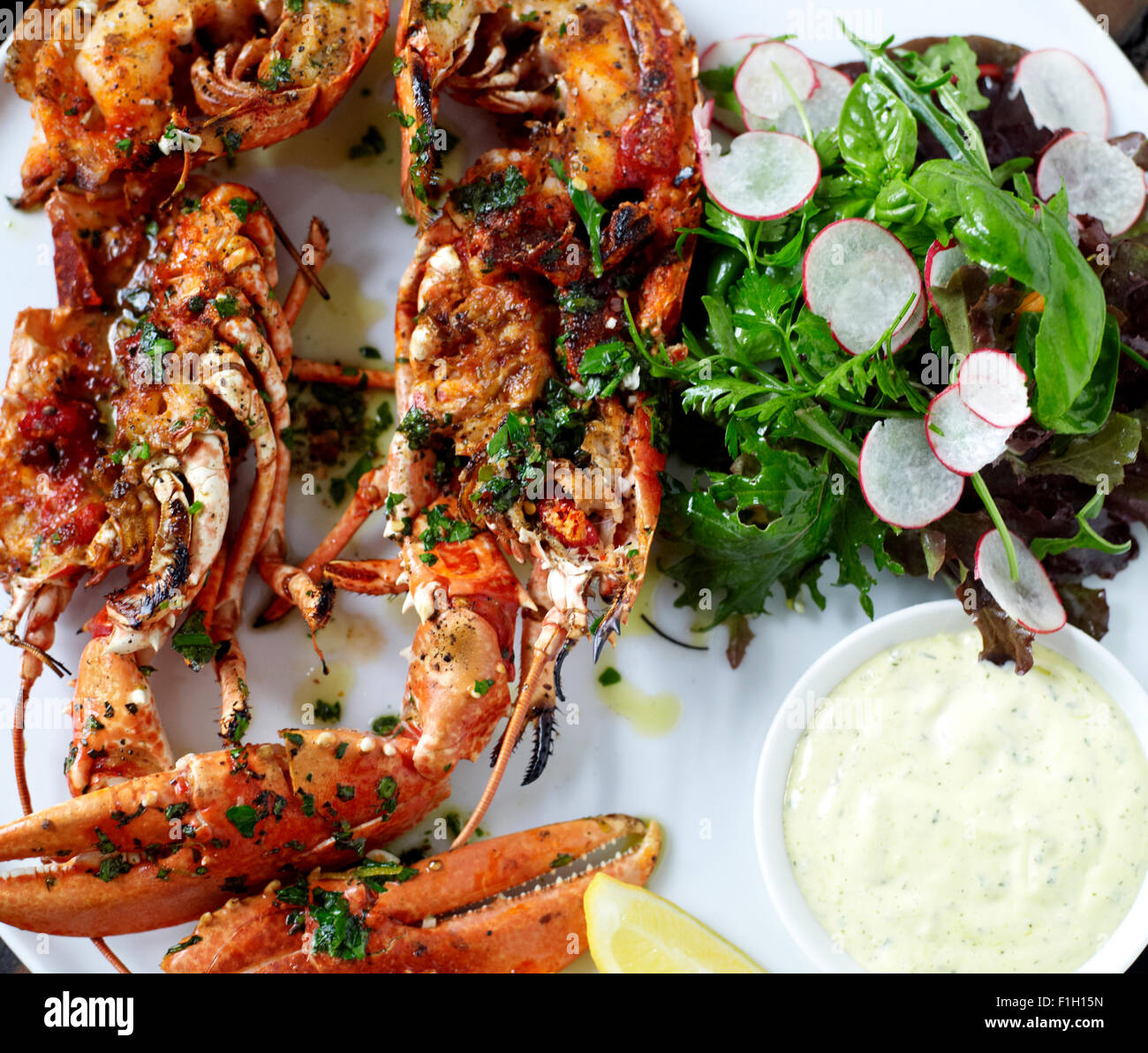 A closeup of Lobster and Shellfish presented on a plate with Lemon, Tartar sauce, seasoning, and a salad. Stock Photo