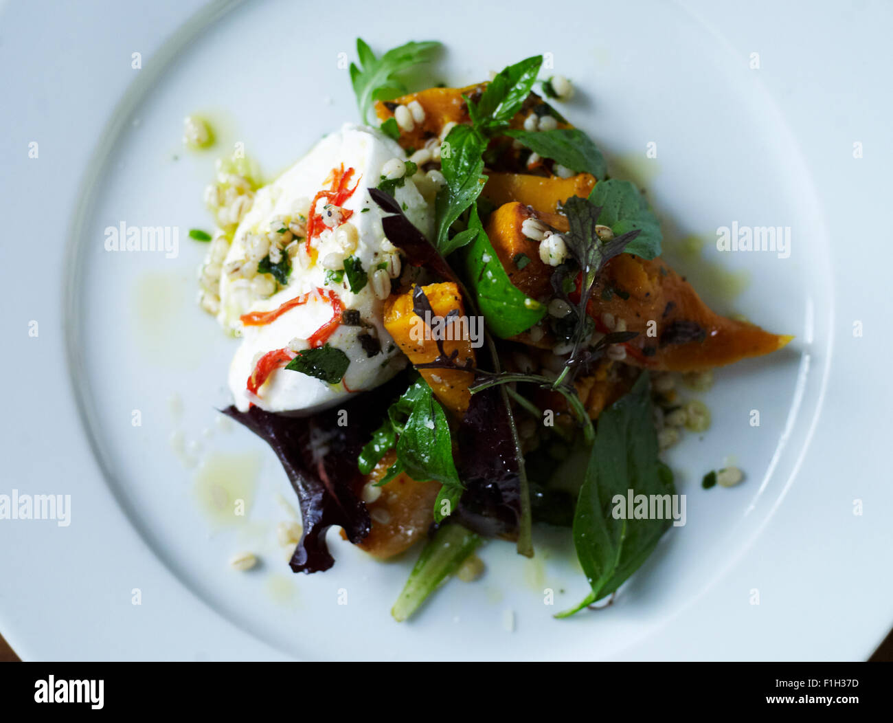 A salad of egg white , salad leaves, aubergine, and rice, served on a white plate. Stock Photo