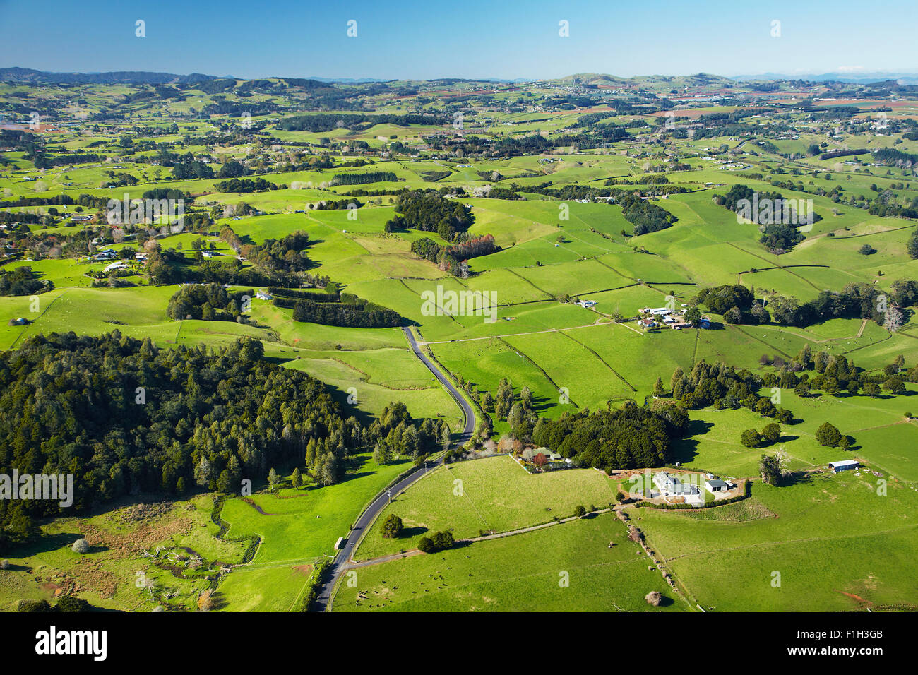 Farmland near Pukekohe, South Auckland, North Island, New Zealand - aerial Stock Photo