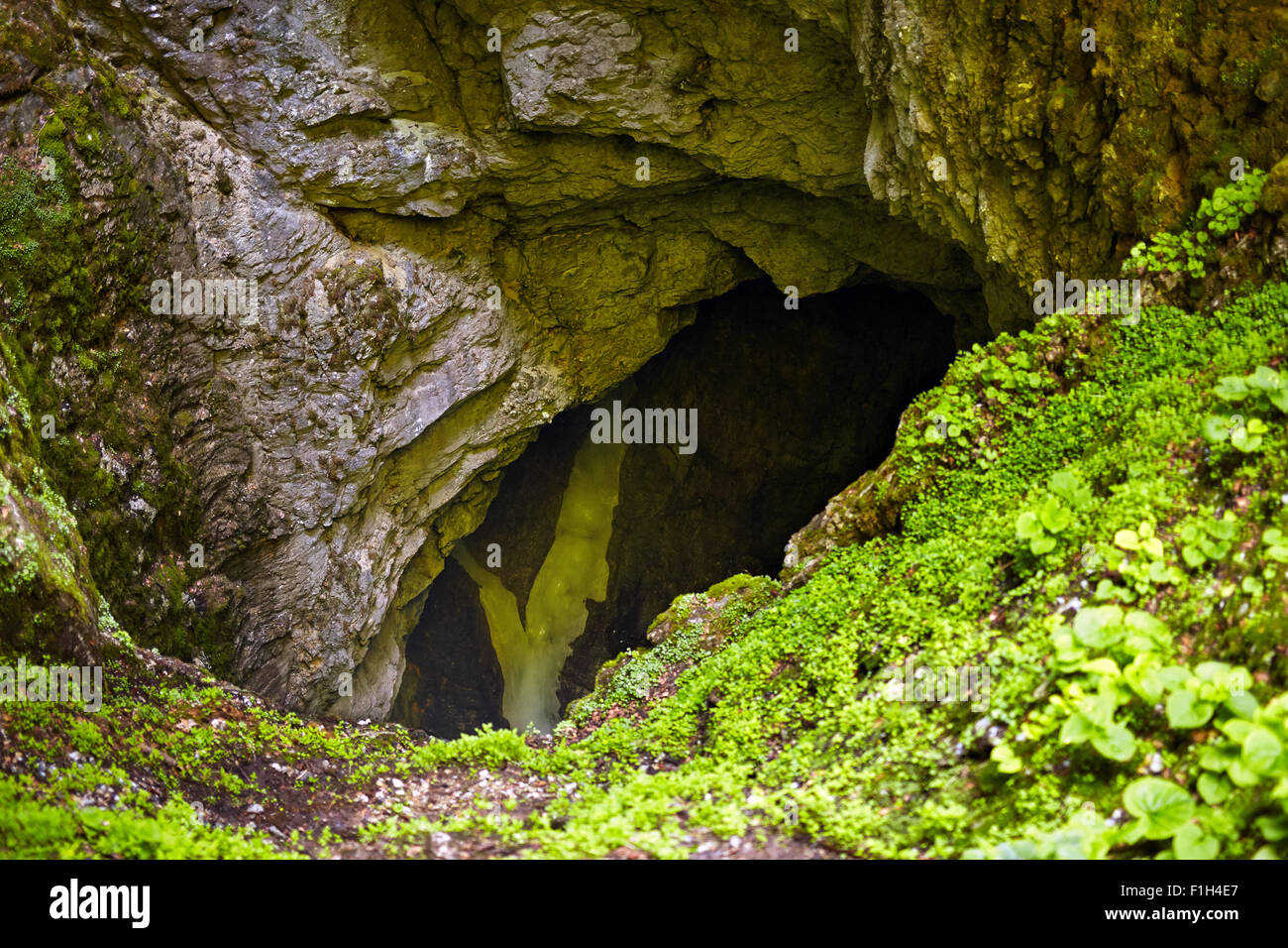Mountain landscape with a very large sinkhole entrance Stock Photo