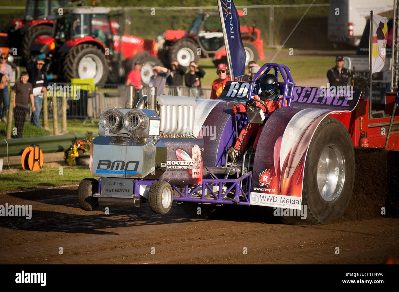 2.5 ton modified tractor competing in a tractor pull using a daf straight 6 truck engine converted to run on methanol fuel Stock Photo