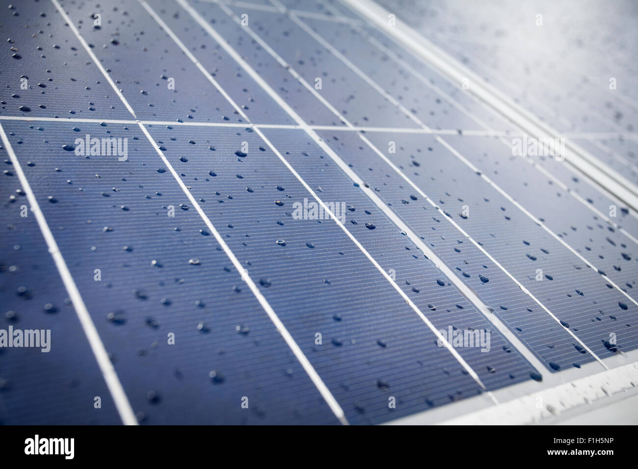 Detail of Solar Panel plates with drops of rain. Solar Photovoltaics (PV) in selective focus Stock Photo