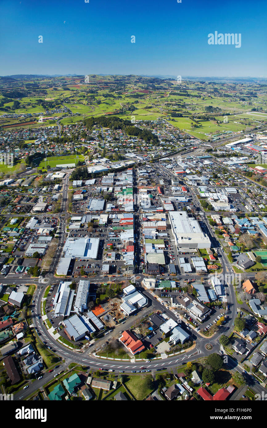 Pukekohe town centre, South Auckland, North Island, New Zealand - aerial Stock Photo