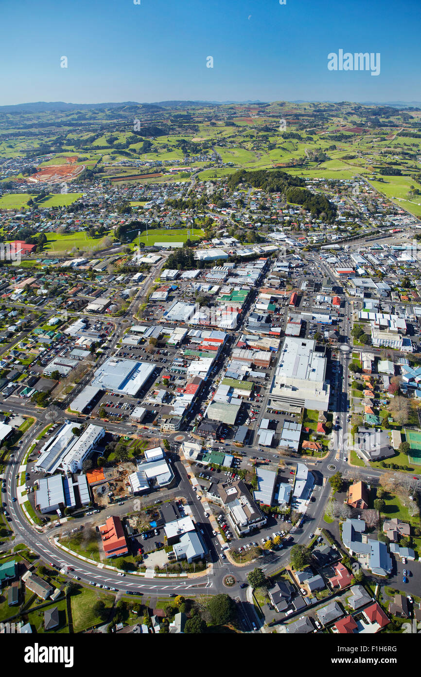 Pukekohe town centre, South Auckland, North Island, New Zealand - aerial Stock Photo