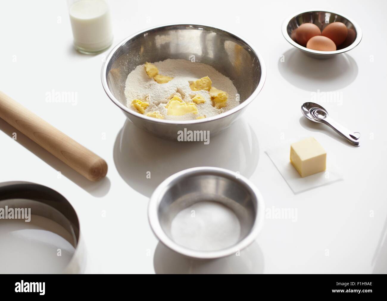 Baking preparation with flour, butter and eggs Stock Photo Alamy