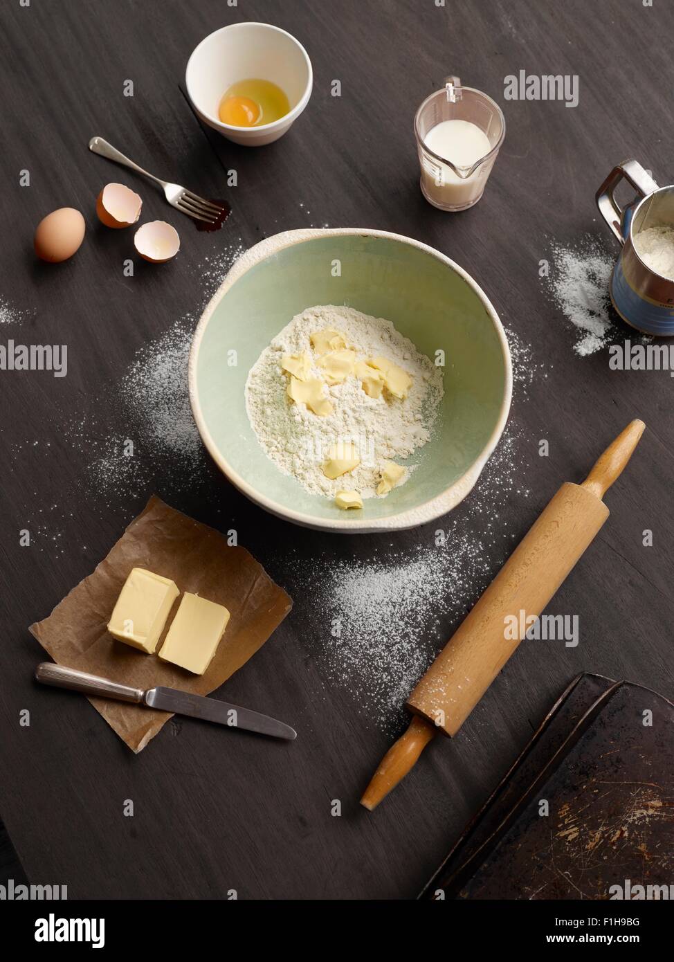 Overhead view of baking table with mixing bowl Stock Photo
