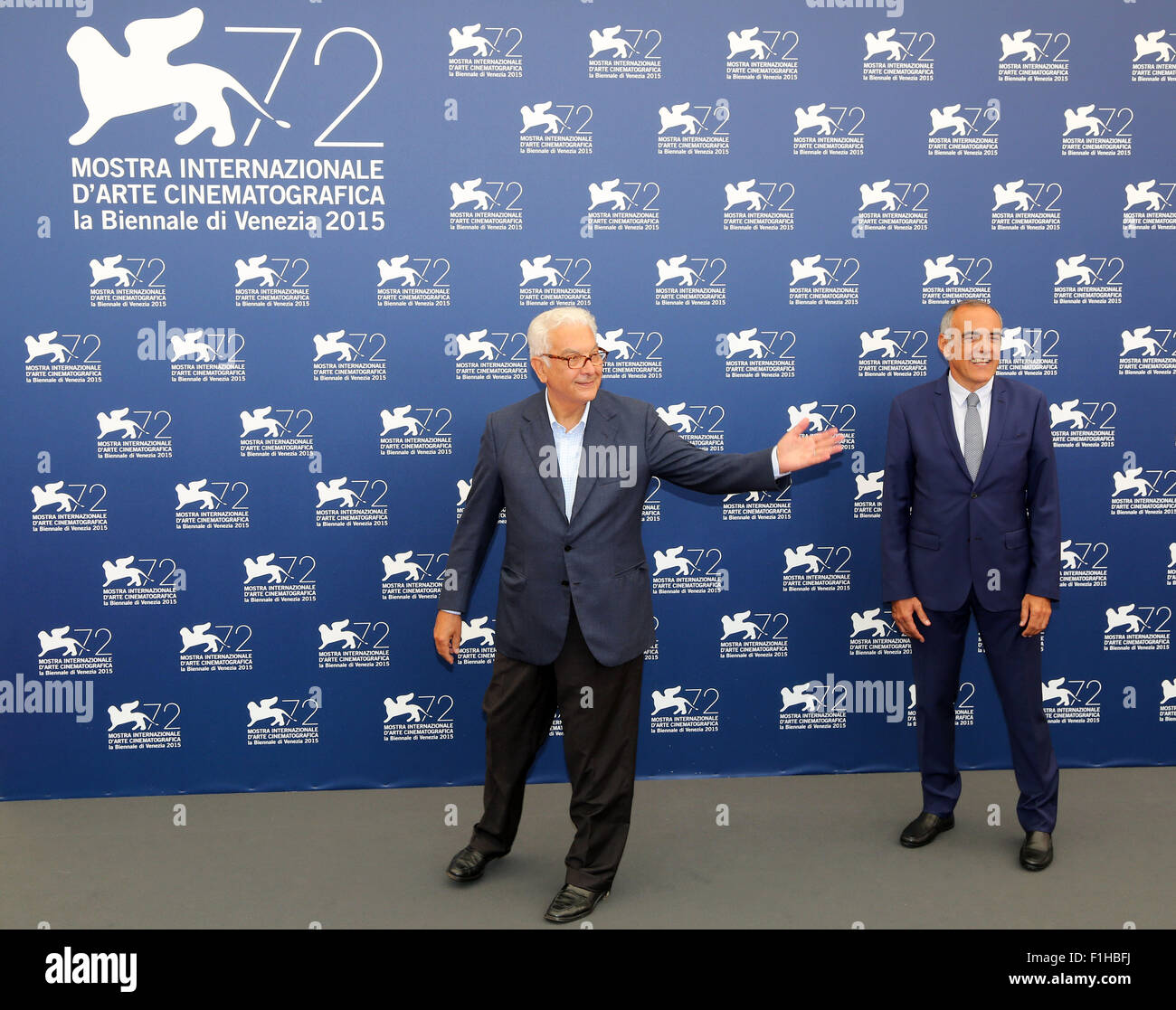 Venice, Italy. 2nd September, 2015. Venice Biennale president Paolo Baratta (L) and Venezia International Film Festival director Alberto Barbera poses at a photocall for the 'Venezia 72 Jury' during the 72th annual Venice International Film Festival, in Venice, Italy, 02 September 2015 Credit:  Andrea Spinelli/Alamy Live News Stock Photo