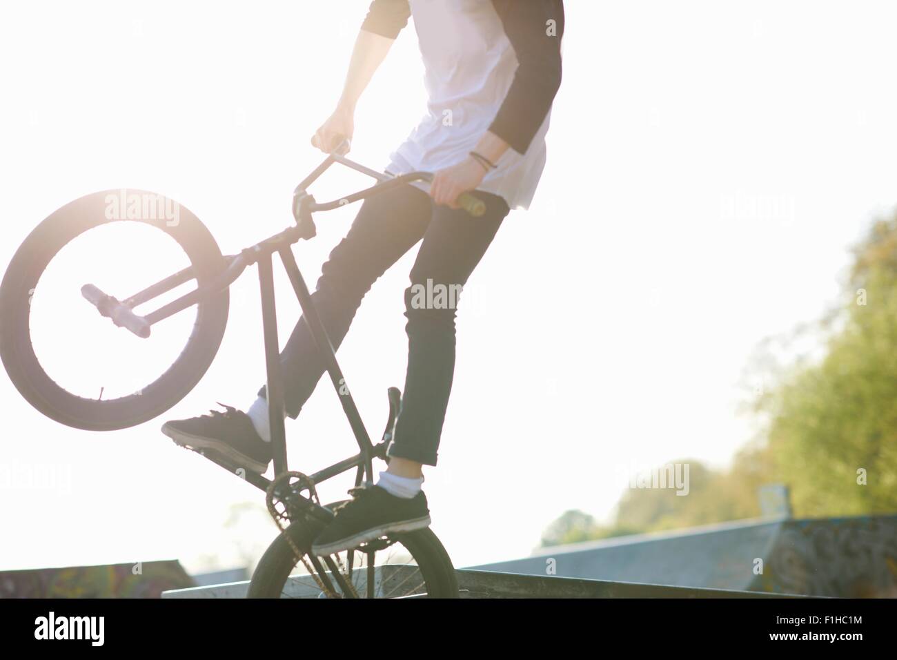 Young man doing stunt on bmx at skatepark Stock Photo