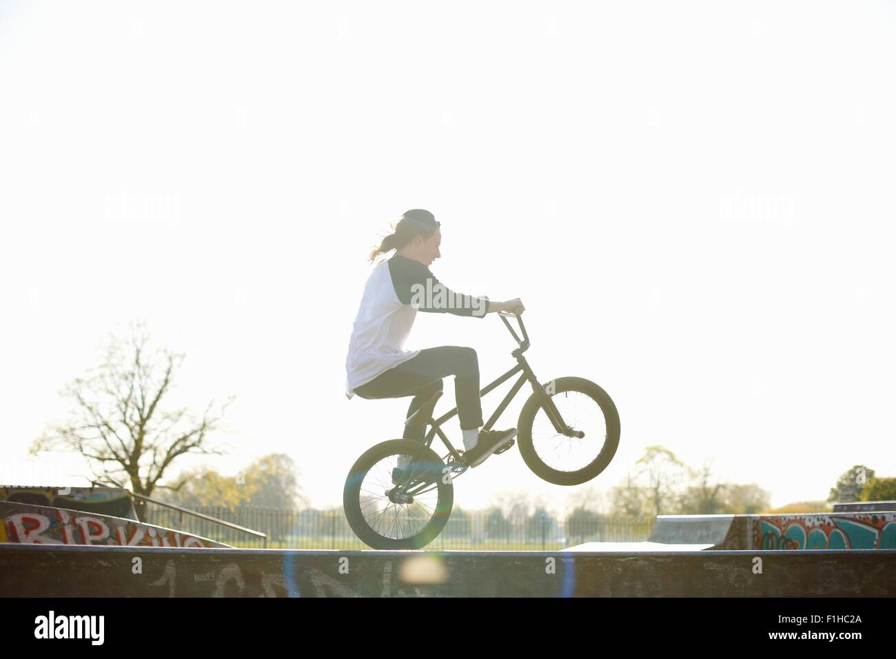 Young man doing stunt on bmx at skatepark Stock Photo