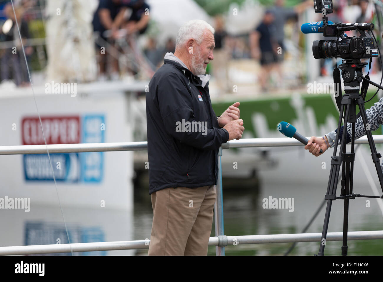 Sir Robin KnoxJohnson being interviewed at the Clipper race starting