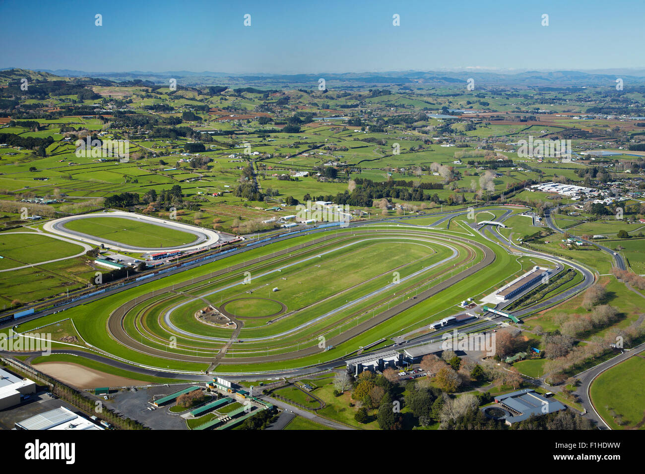 Pukekohe Park Raceway with motor and horse racing circuits, Pukekohe, South Auckland, North Island, New Zealand - aerial Stock Photo