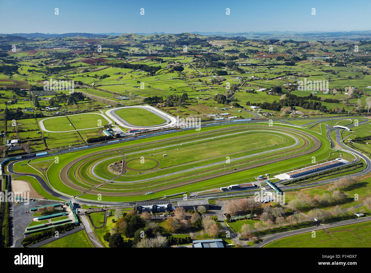 Pukekohe Park Raceway with motor and horse racing circuits, Pukekohe, South Auckland, North Island, New Zealand - aerial Stock Photo