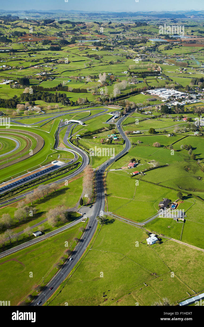 Pukekohe Park Raceway with motor and horse racing circuits, Pukekohe, South Auckland, North Island, New Zealand - aerial Stock Photo