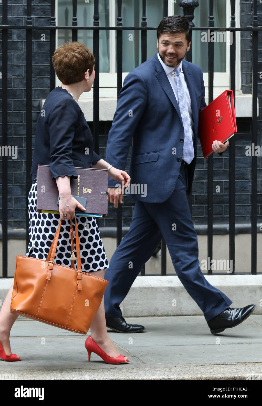 London, UK, 14th July 2015: Baroness Stowell and Welsh Secretary Stephen Crabb seen at Downing Street in London Stock Photo