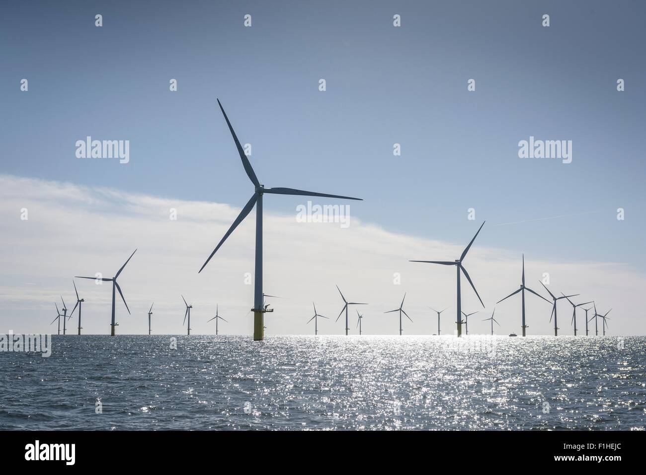 View of offshore windfarm from service boat at sea Stock Photo