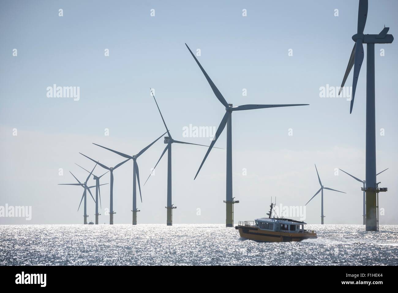 View of service boat at offshore windfarm Stock Photo