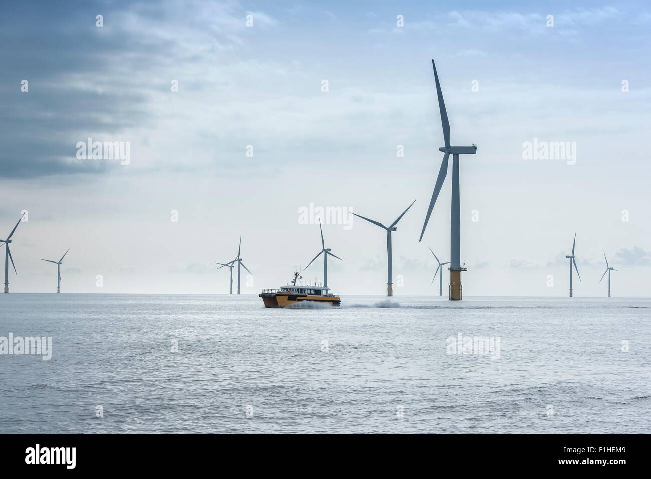 View of offshore windfarm and  service boat Stock Photo