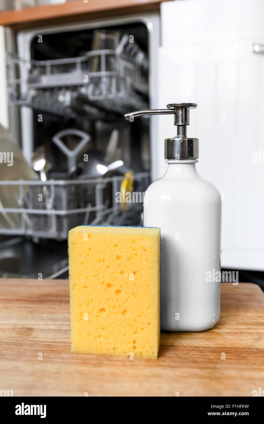 Dishwasher sponge with soap in dispenser tube on background of opened