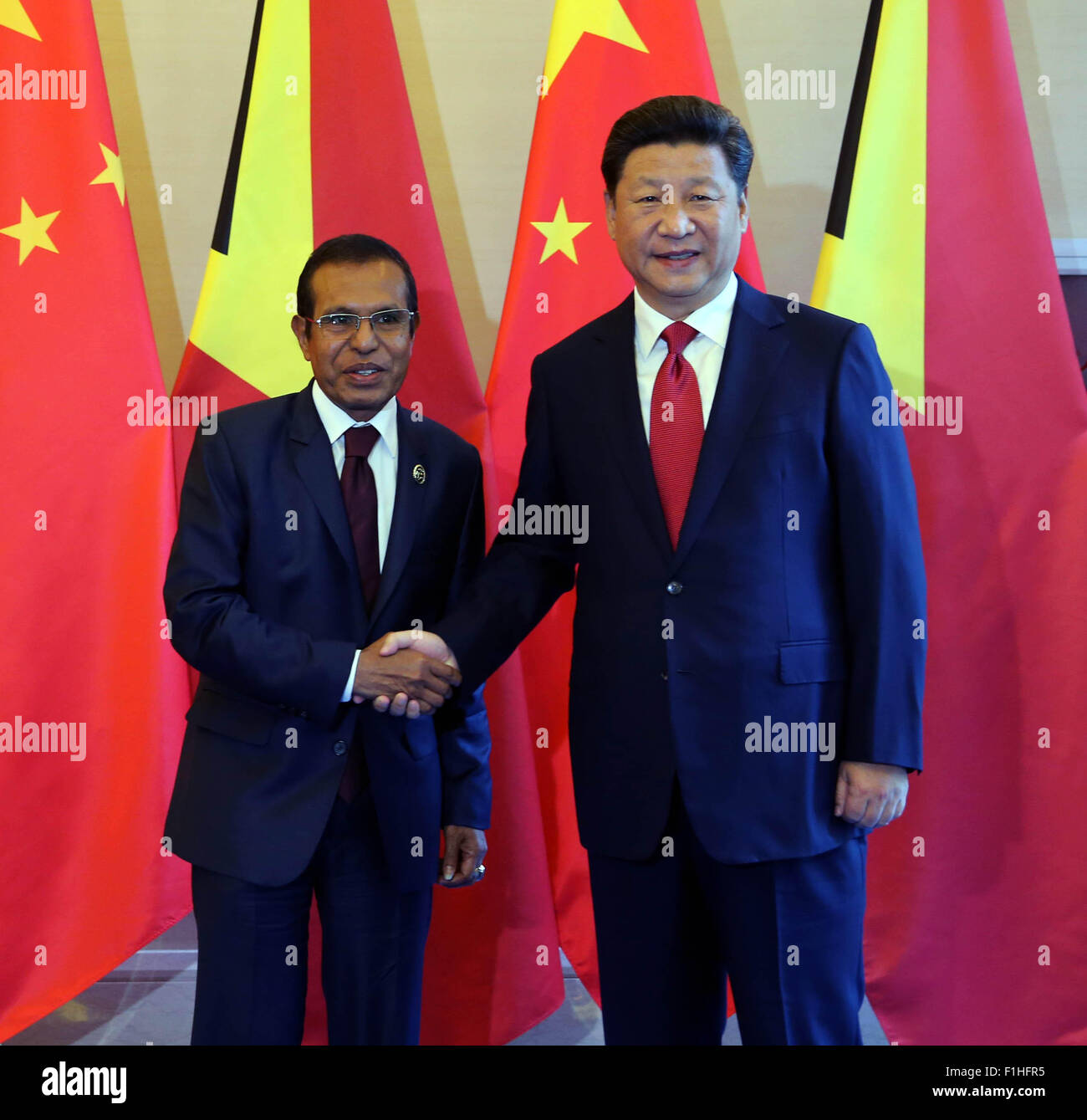 Beijing, China. 2nd Sep, 2015. Chinese President Xi Jinping (R) meets with his East Timor counterpart Taur Matan Ruak in Beijing, capital of China, Sept. 2, 2015. Credit:  Liu Weibing/Xinhua/Alamy Live News Stock Photo