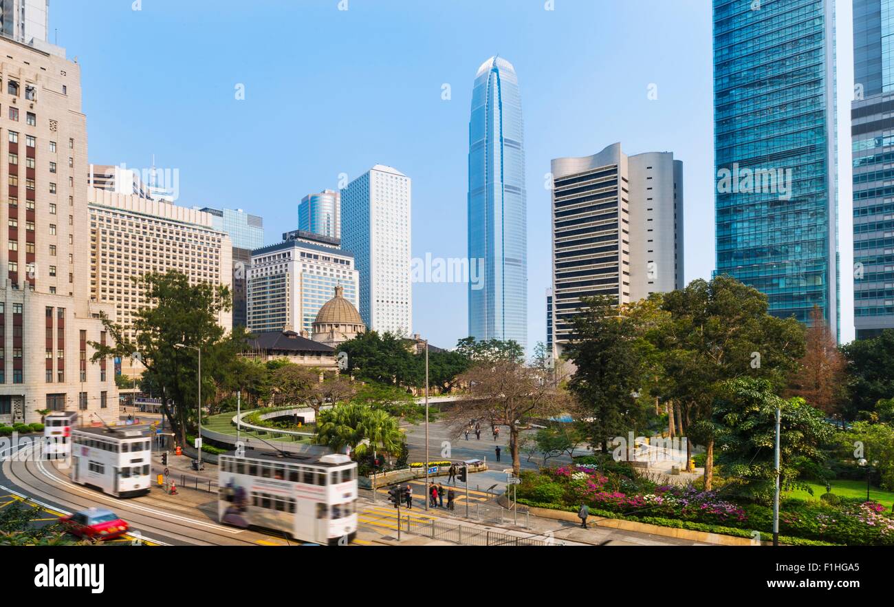 Central Hong Kong business district: Chater garden and skyline with IFC building, Hong Kong, China Stock Photo