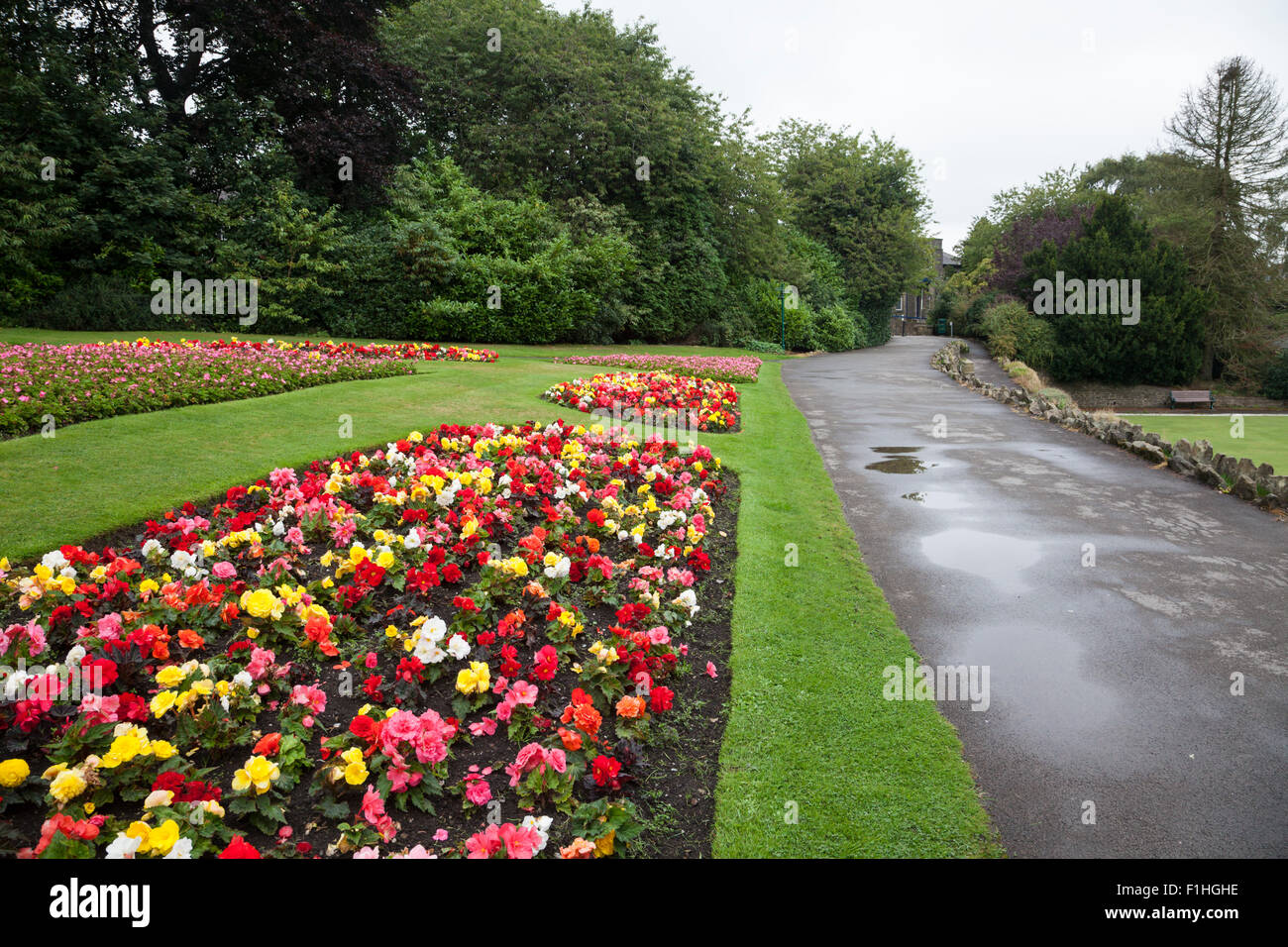 Beds full of late summer flowers on display in Haworth Central Park