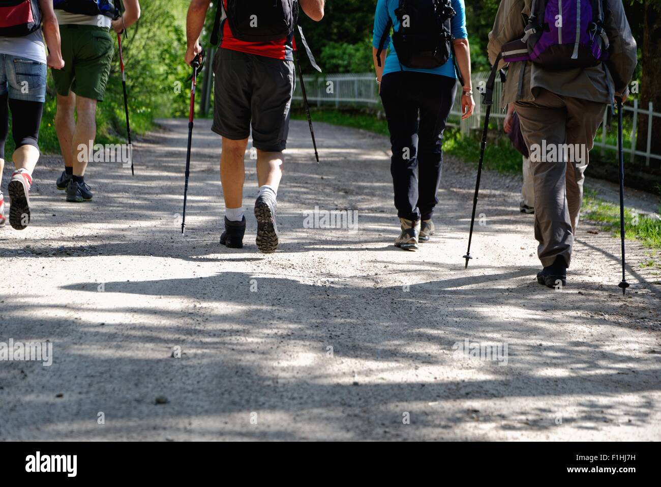 Rear waist down view of mature hikers on rural road, Grigna, Lecco, Lombardy, Italy Stock Photo