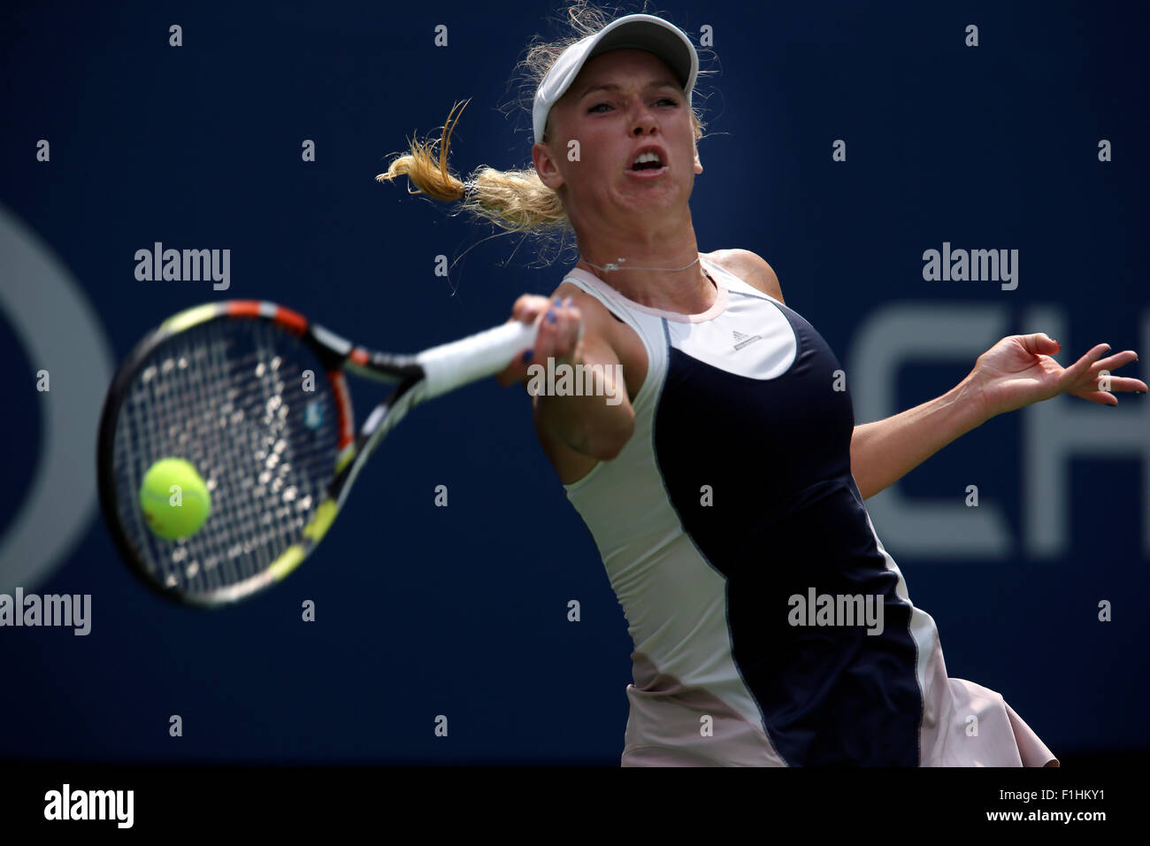 Flushing Meadows, New York, USA. 01st Sep, 2015. Denmark's Caroline Wozniacki, the number 4 seed,  during her first round Jamie Loeb of the United States at the U.S. Open in Flushing Meadows, New York. Credit:  Adam Stoltman/Alamy Live News Stock Photo