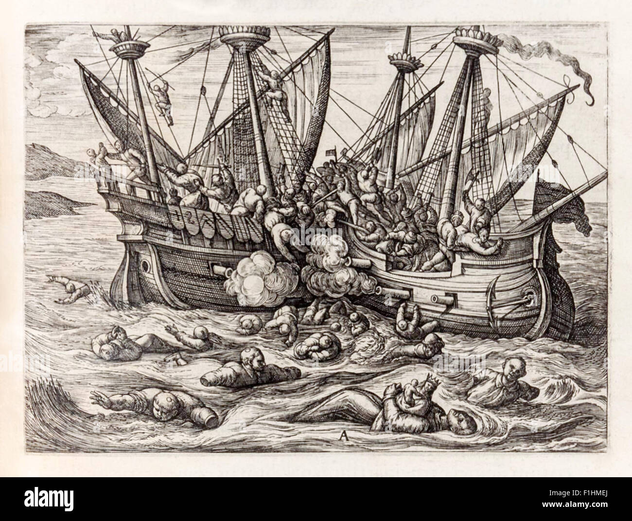 'Horribles cruautés des Huguenots' (Horrible cruelty of the Huguenots). Protestants Huguenots known as the 'Gueux de mer' attack a Catholic ship at sea during the French Wars of Religion (1562-98). Illustration from 'Theatrum Crudelitatum Haereticorum nostri temporis' by Richard Rowlands (1550-1640). See description for more information. Stock Photo